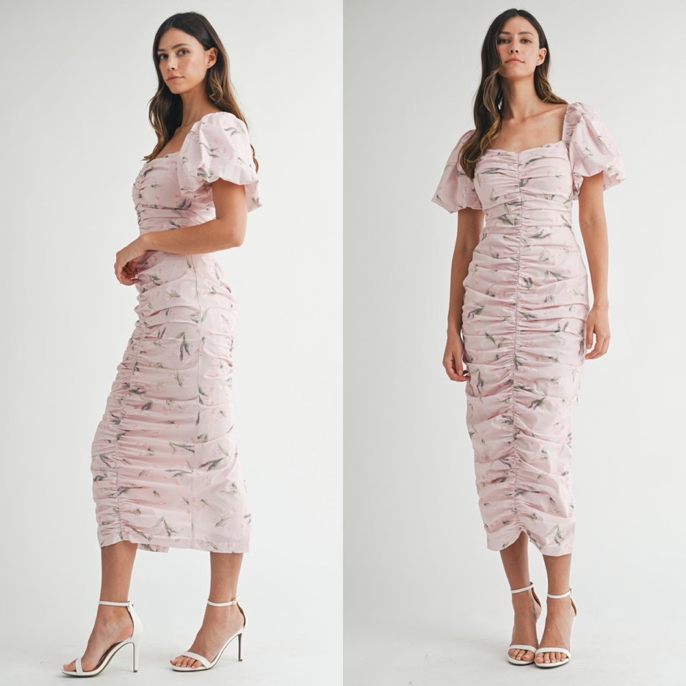 Mable Blush Pink flirty feminine floral rusched dress size Large L new - Picture 4 of 14
